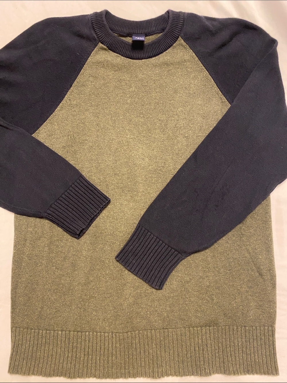 GAP Olive Body Crewneck Sweater with Navy Sleeves